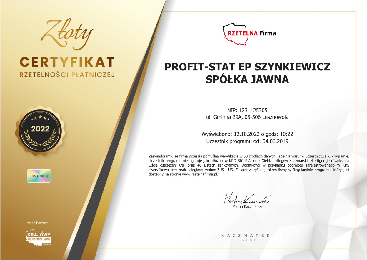 PROFITSTAT złoty certyfikat rzetelnosci płatniczej 2022